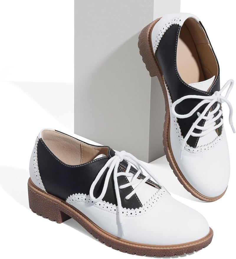 mikarka Vintage Oxford Shoes for Women Perforated Wingtips Brogue Oxfords Low Chunky Heel Lace Up Saddles Dress Pumps Shoes - Image 3